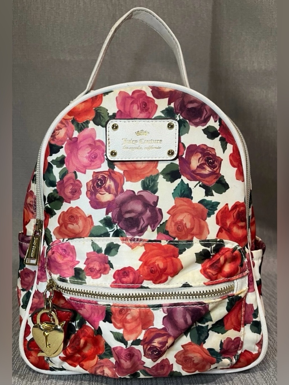 Juicy Couture Rosie Mini Backpack White Floral Pink Roses Bag Heart Lock Charm